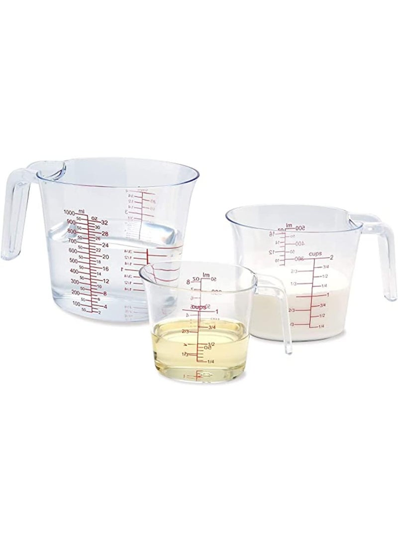 ChicAbode 3 Piece Measuring Cup Set, Plastic Measuring Cups, BPA Free Plastic Clear Heat Resistant, with Insert Nested Handle, Stacked Design and Multiple Measuring Scales for Liquid, Powder and Granular Foods - Image 1